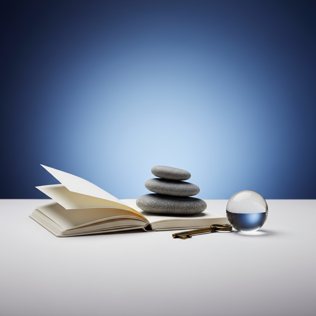 An abstract, photographic still life representing subconscious transformation: on a matte white surface, a stack of three smooth river stones in descending sizes balances beside an open, blank notebook, its pages slightly curved. Beside them lies a delicate metal key and a translucent glass sphere that subtly distorts the surface beneath. Behind, a faintly blurred background gradient transitions from deep navy at the edges to soft light blue at the center, suggesting movement from darkness to clarity. Soft studio lighting from the left creates gentle highlights and minimal shadows, emphasizing simplicity and focus. Captured from a slightly elevated angle with shallow depth of field, the aesthetic is clean, modern, and symbolic, ideal for illustrating subconscious-focused counseling and inner unlocking.