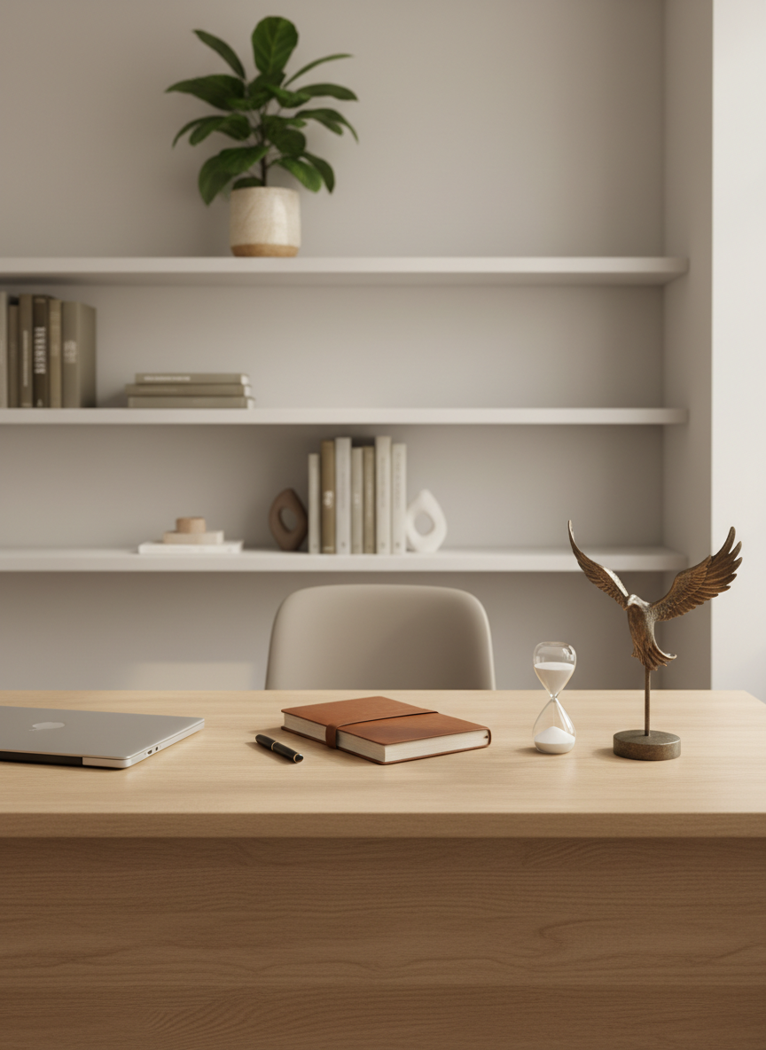 A neatly arranged psychological counseling workspace without any people, featuring a light oak desk with a soft matte finish and a closed laptop beside a leather-bound notebook and pen. A small sand timer and a subtle bronze sculpture of a phoenix symbolize transformation. Behind the desk, minimalist white shelving holds carefully spaced books and a single leafy plant in a ceramic pot. Soft, diffused daylight enters from an unseen window, casting gentle shadows and a calm glow across the room. Photographic realism at eye level, with a shallow depth of field that keeps the desk in sharp focus while the background softly blurs, creating a professional, reassuring, and tranquil atmosphere suitable for a mental health website hero image.