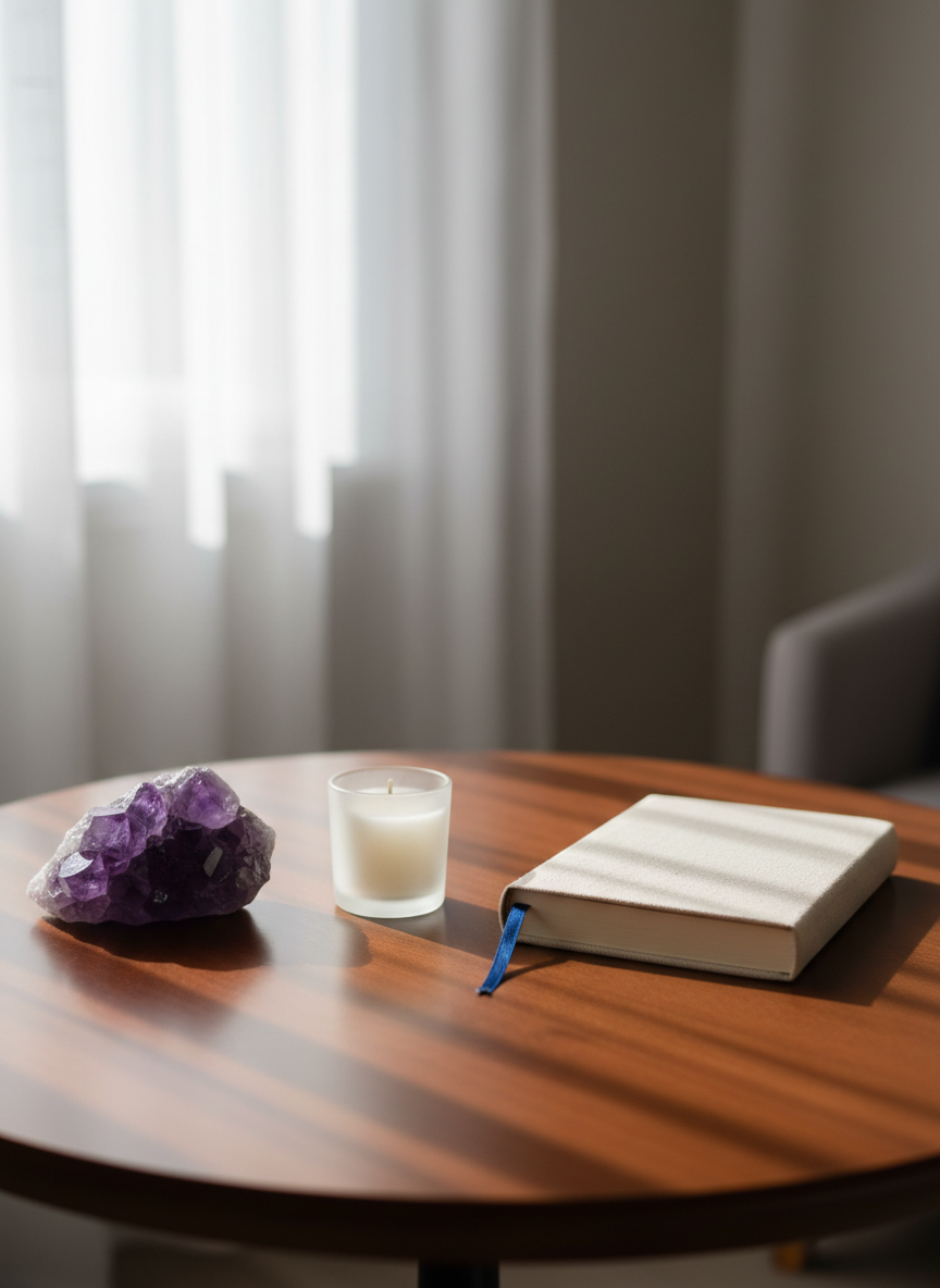 A close-up, photographic scene of a smooth, dark wooden table holding three carefully chosen symbolic objects for psychological transformation: a polished amethyst crystal with subtle facets catching the light, a small unlit white candle in a frosted glass holder, and a closed journal with a textured linen cover and ribbon bookmark. The table sits near a window with sheer curtains, allowing soft morning light to wash over the objects and create gentle reflections and shadows. The background is tastefully out of focus, suggesting a calm therapy room with neutral tones. Shot from a slightly elevated angle, the composition follows the rule of thirds, evoking introspection, safety, and a sense of beginning an inner journey.
